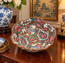 Vintage Porcelain Famille Rose Bowl Lotus Scalloped Gilt Rim Floral Figural picture