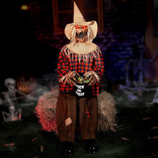 Halloween Animatronics Decorations Scary Sitting Scarecrow with Candy Bag, 55'' picture