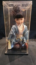 Vintage Porcelain Japanese Geisha Doll Blue Kimono Kneeling Red Cushion picture