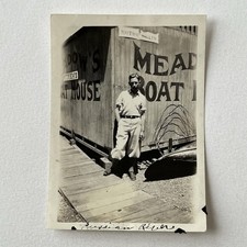 Vintage Snapshot Photograph Man Meadow’s Motor Boat House Russian River CA picture