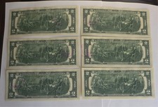 Six (6) Un-circulated Consecutive 1976 Bicentennial 2 Dollar Bills W/ Stamps picture