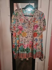 Johnny Was Silk Blouse L Floral Print w Horses Teal Cream Relaxed Fit Top picture