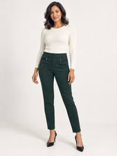 Club Monaco Womens Forest Green Slim Tapered Trousers Faux Leather Trim Size 4 picture