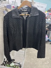 Marvin Richards Womens M Black Genuine Leather Woven Checkerboard Jacket Zip picture