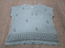J.Jill Pure Jill Embroidered Tee Womens Large Blue Buttoned V Neck Boho Floral picture