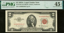 1953A $2 Legal Tender USN with BINARY Serial Number 48888484 PMG 45 EPQ XF picture
