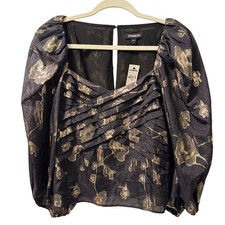 Express Black & Gold Floral Puff Sleeve Pleated Blouse Sz  XS Blouse. NWT picture