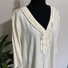 Karen Scott NEW 1X Cream Ruffle VNeck 3/4 Sleeve Pullover Knit Top 100% Cotton picture
