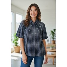 CST Sport Women's Plaid Short Sleeve Button Down Shirt Floral Embroidery 1X picture