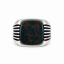 925 Sterling Silver Oxidized Bloodstone Cushion Gemstone Men's Signet Ring. picture