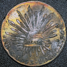 8 Reales 1843 Go PJ Guanajuato Eagle With Snake On Cactus Mexico UNC Toning  picture