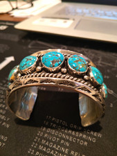 Native American Signed Silver Cuff Bracelet 7 Oval Blue Turquoise Bezel picture