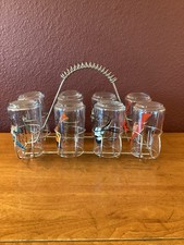 Anchor Hocking MCM Bird Motif Tumbler Set With Metal Wire Carry Caddy picture