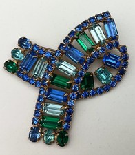 Blue, Green, Aqua, Ribbon Ocean Colored Rhinestones Vintage Pin Brooch picture