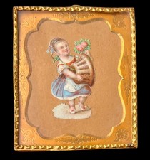 Antique Victorian Ephemera Embossed Copper Girl W/Basket Of Camellia Flowers picture