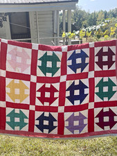 Handmade Patchwork Cotton Quilt/ Multicolor Geometric Squares/ 76x67 picture