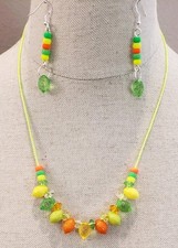 Handmade Citrus Fruit Glass Bead Necklace & Earrings Set Lime Green Cord 21-24