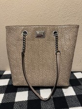 Calvin Klein Beige Large Logo Embossed Zip Tote Chain Strap w/ Pockets picture
