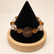 Brown Cream Floral Beaded Bracelet Large Coin Beads Honey Gold Accents 8 Inch picture