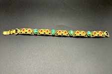 Vintage FLORENZA Signed Gold Tone Etruscan Link Bracelet Green Red Cabochons 7