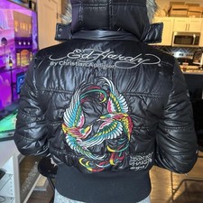 RARE Vintage Ed Hardy Christian Audigier Cropped Fur Hooded Puffer Coat picture
