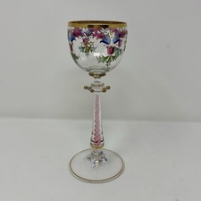 Vintage Moser Style Bohemian Art Glass Goblet Floral Enamel Pink Twisted Stem picture