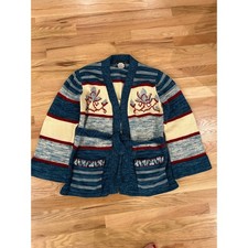 Vtg. Monarch Knits Floral Striped Belted Cardigan Women Large Blue Boho Vintage picture