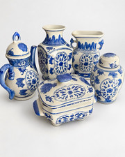 Vintage Chinese Blue & White Porcelain 5-Piece Chinoiserie Set Dechang Yi Nan picture