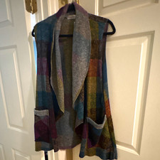 Vine Street Women's Plaid Knit Open Front Sleeveless Vest Pockets Mid-Length M picture