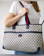 Authentic 1980s Gucci GG Web Blue Zip Tote Bag picture