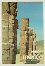 rare 1980s HIDALGO MEXICO MEXICAN travel tourism poster Atlantes de Tula 24x35
