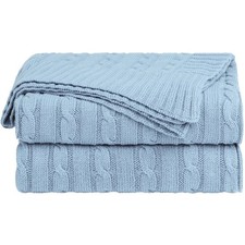 Unique Bargains 100% Cotton Cable Knit Throw Bed Blanket Columbia Blue 51