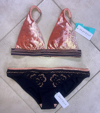Seafolly DAWN TO DUSK Bikini 14 Pink Sand Longline Tri Top & Embroidered Hipster picture