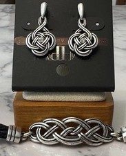 Brighton Celtic Knot Bracelet & Drop Earrings Set Silver Tone Black Leather picture