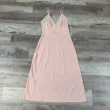 Vintage 70s Pink Nylon Maxi Full Slip Dress Scalloped Bodice Coquette Romantic S picture