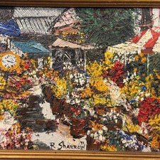 Vintage 1971 Original Impasto Oil Painting, Framed Mid-Century Flower Market picture