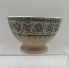 French Footed Ceramic Antique Bowl Stained Late 1800’s Green Floral Transfer picture