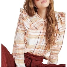 Anthropologie Current Air Plaid Ruffle Silk Blend Blouse Boxy M Cowgirl Rodeo picture