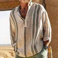 Men's Striped Stand Collar Slub Linen Shirt - Casual Breathable Long Sleeve picture