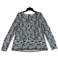 J. Jill Wearever Porcelain Paisley Scoop Neck Long Sleeve Black Blue Medium NWT picture