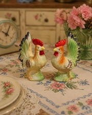 Vintage 50s 60s Japan Ceramic Rooster Salt & Pepper Shakers Colorful picture