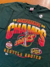 Vintage 1996 Seattle Sonics NBA Finals Tee L USA FOTL Green NOS Holo Sticker picture