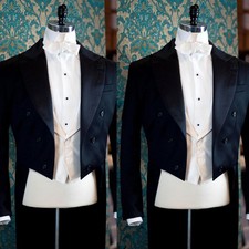 Custom Men Classic Black Tailcoat Tuxedo Peak Lapel Vintage Formal Groom Wedding picture