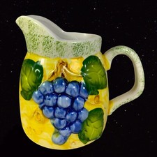 Panware Pitcher Studio Art Pottery Jug Yellow and Grapes 3.75”T 5.5”W picture