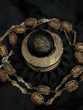 Antique 1890s Whitby Jet & Brass Wolf Head Button Werewolf Halloween Sporting picture