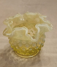 Vtg Fenton Topaz Opalescent Hobnail Rose Bowl Ruffled Glass UV Glows 4