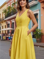 Alfred Sung Yellow Satin A-Line Maxi Dress V-Neck Sleeveless Formal Gown picture