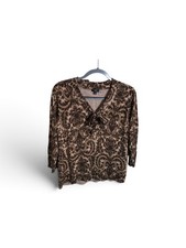 Talbots Woman Brown Damask Silk Blend Tie-Front Top 1X Dark Academia Old Money picture