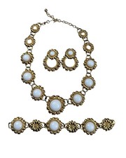 Trifari Vintage 3 Pc Set Milk Glass Cabochon Gold Tone Floral Parure picture