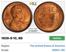 1939-D Lincoln Wheat Cent - PCGS MS67+RD CAC picture